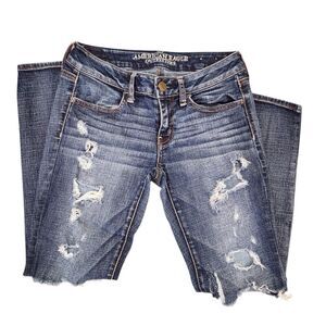 AMERICAN EAGLE Jegging Super Stretch Jeans Size 4 Destroyed Distressed Dark Blue